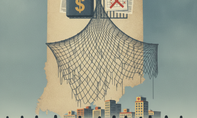 Illustration depicting Indiana's Medicaid enrollment drop with a net catching dollar signs a — indiana medicaid enrollment