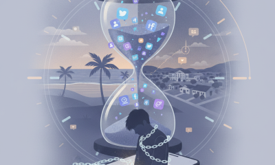 An hourglass filled with social media icons, depicting a figure chained to a smar — Meta social media addiction settlement