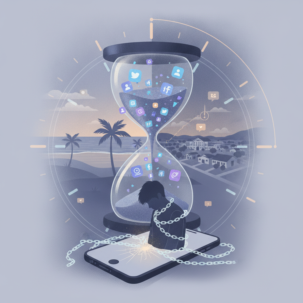 An hourglass filled with social media icons, depicting a figure chained to a smar — Meta social media addiction settlement