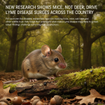 A close-up of a white-footed mouse in a forest, surrounded by fallen leaves, highlighting its role in Lyme disease research.