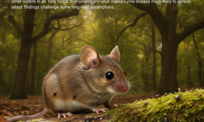 A close-up of a white-footed mouse in a forest, surrounded by fallen leaves, highlighting its role in Lyme disease research.