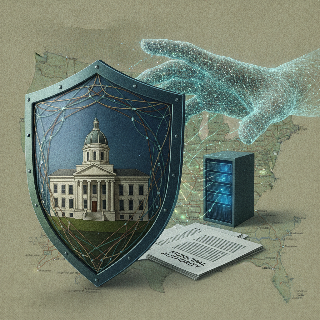 A digital shield protecting a government building, symbolizing local contro — Protecting Local Control of Data Centers Act