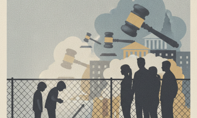 Silhouettes of adults and children near a fence, with gavel imagery symbolizing parental accountability laws and juvenile…