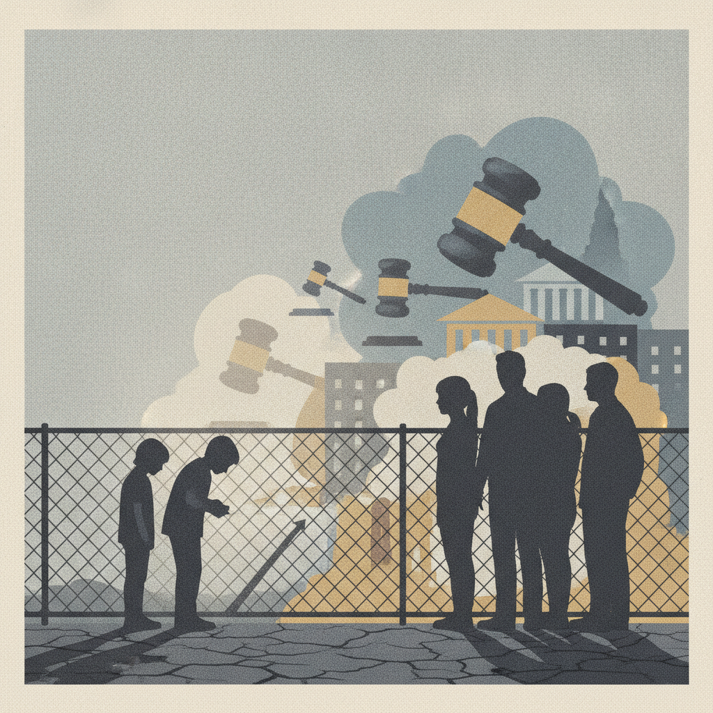 Silhouettes of adults and children near a fence, with gavel imagery symbolizing parental accountability laws and juvenile…