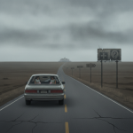 A car drives down a long, empty road towards a distant hospital sign, highlighting challenges in rural maternity care access.