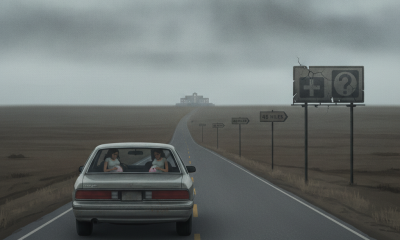 A car drives down a long, empty road towards a distant hospital sign, highlighting challenges in rural maternity care access.