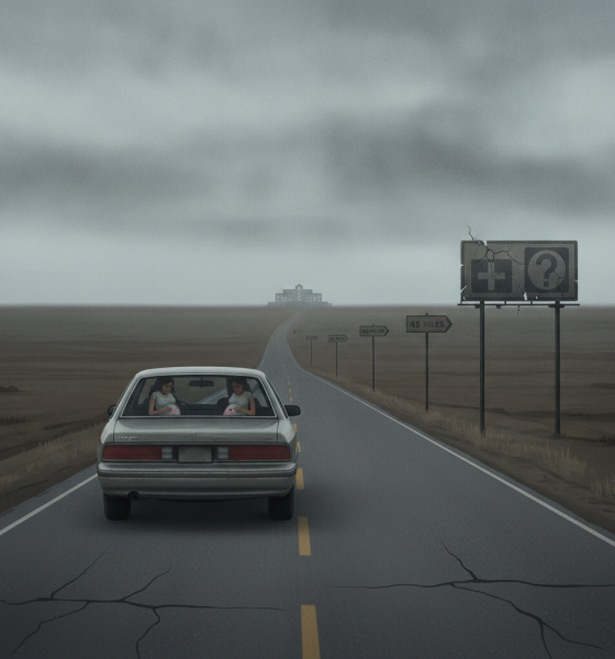 A car drives down a long, empty road towards a distant hospital sign, highlighting challenges in rural maternity care access.
