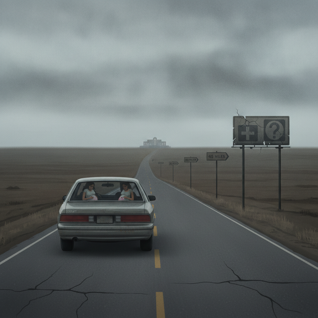 A car drives down a long, empty road towards a distant hospital sign, highlighting challenges in rural maternity care access.