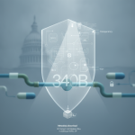 A digital shield with '340B' and icons representing transparency and data management, s — 340b drug pricing program reform