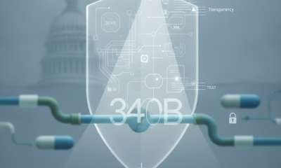 A digital shield with '340B' and icons representing transparency and data management, s — 340b drug pricing program reform