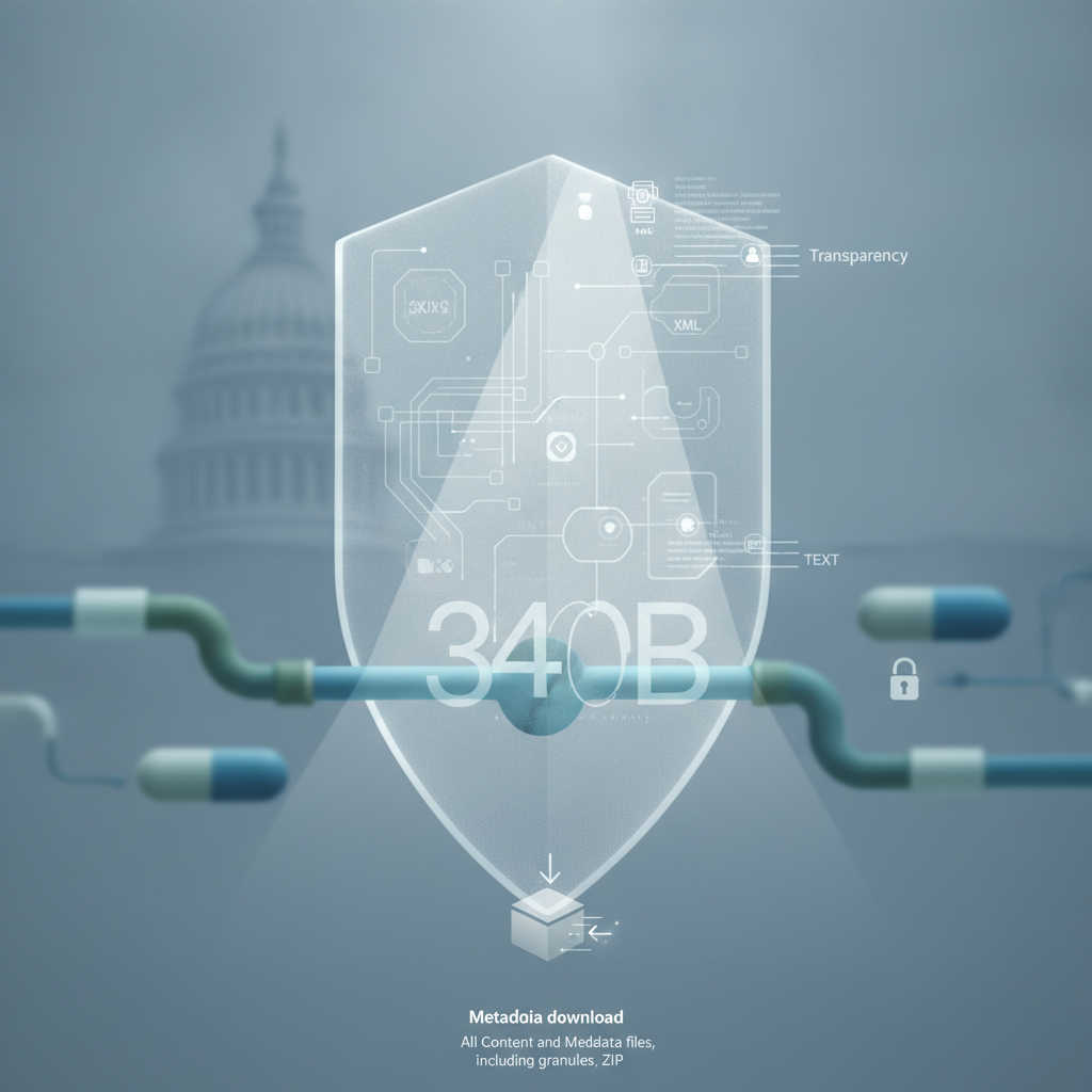 A digital shield with '340B' and icons representing transparency and data management, s — 340b drug pricing program reform