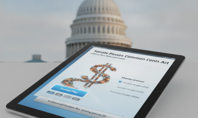 Tablet displaying the Senate passes Common Cents Act with U.S. Capitol in the background.