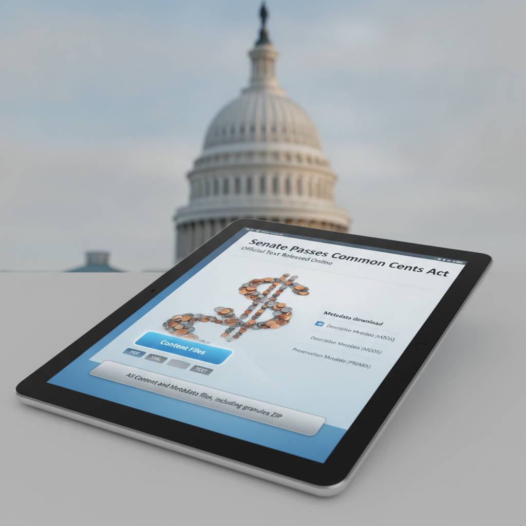 Tablet displaying the Senate passes Common Cents Act with U.S. Capitol in the background.