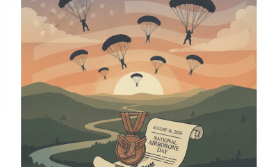 Illustration depicting paratroopers jumping from parachutes over a landscape, with a scroll h — National Airborne Day 2026