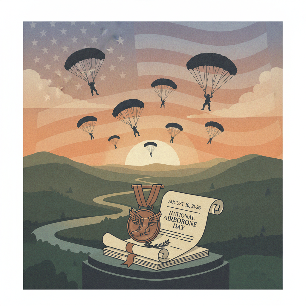 Illustration depicting paratroopers jumping from parachutes over a landscape, with a scroll h — National Airborne Day 2026