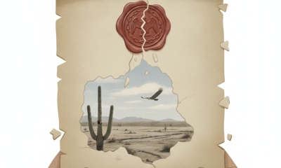 A hand holding a torn parchment revealing a desert landscape with a cactus and an eagle, sym — Senate Joint Resolution 204