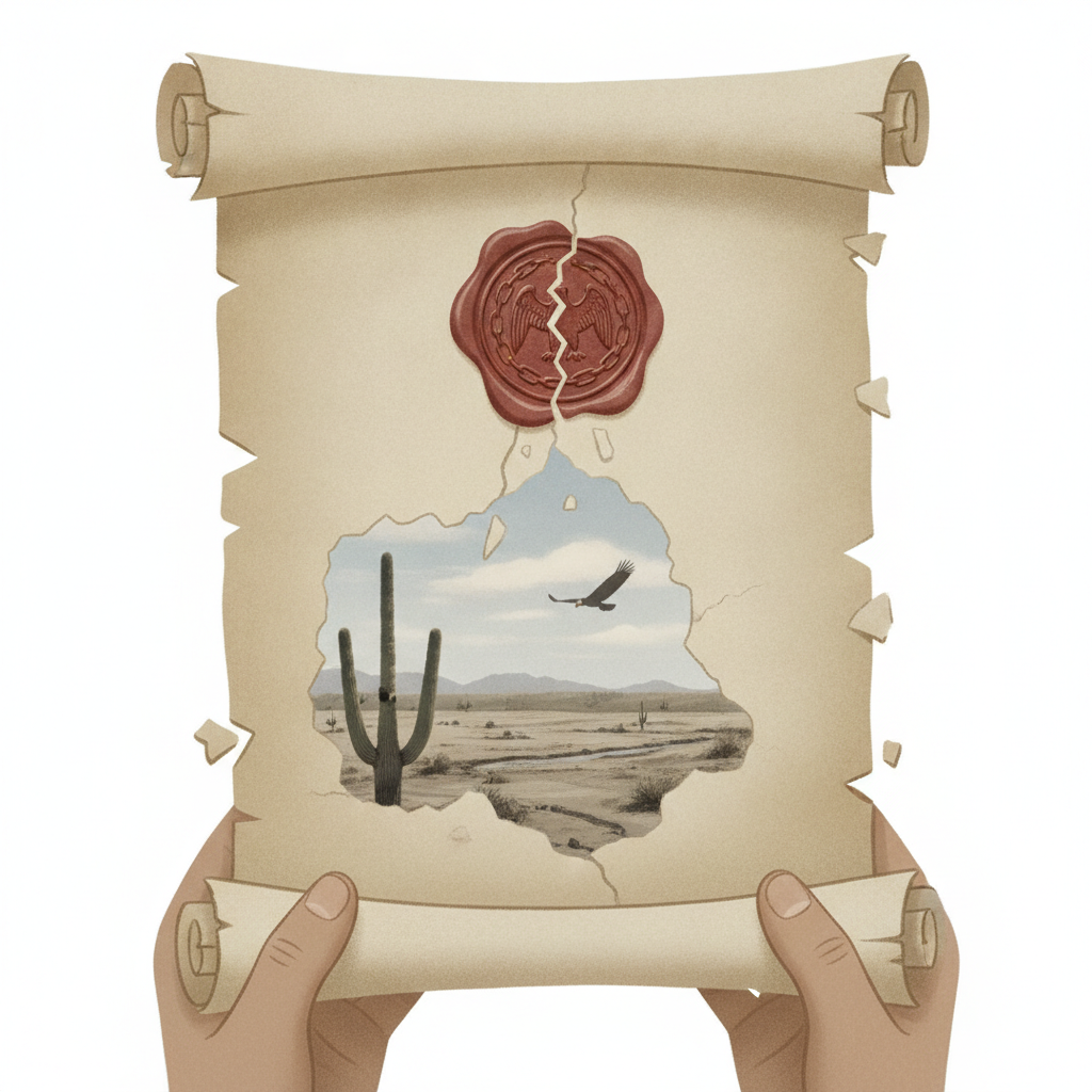 A hand holding a torn parchment revealing a desert landscape with a cactus and an eagle, sym — Senate Joint Resolution 204