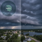 Dark storm clouds loom over a town in Bennington, Vermont, with lightning and a wea — Severe Thunderstorm Watch Bennington
