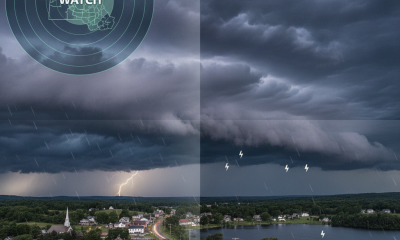 Dark storm clouds loom over a town in Bennington, Vermont, with lightning and a wea — Severe Thunderstorm Watch Bennington