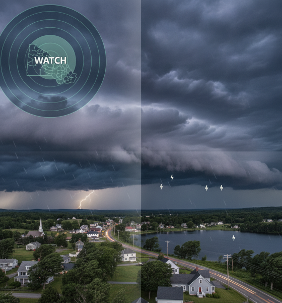 Dark storm clouds loom over a town in Bennington, Vermont, with lightning and a wea — Severe Thunderstorm Watch Bennington