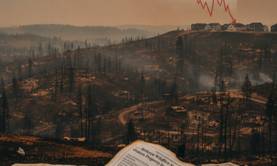 Burnt landscape from the Spokane wildfire with documents scattered, illustrating con — Spokane wildfire property insurance