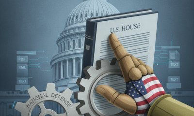 A robotic hand with an American flag points at a document titled 'U.S. HOUSE' in fron — National Defense Authorization Act