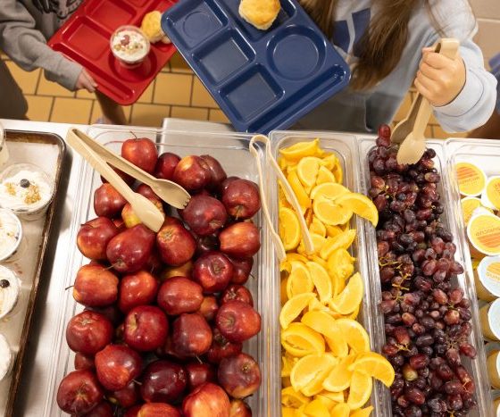 A school cafeteria display with trays of apples, oranges, grapes, and desserts, highlighting — SNAP cuts free school meals