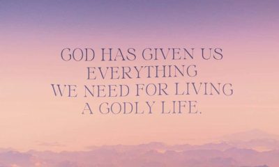 Text overlay on a serene mountain landscape, stating 'God has given us everything we need for living a godly — 2 Peter 1:3