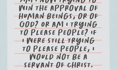 Handwritten text of Galatians 1:10 on lined paper, emphasizing the choice between pleasing God or — Galatians 1:10 Meaning