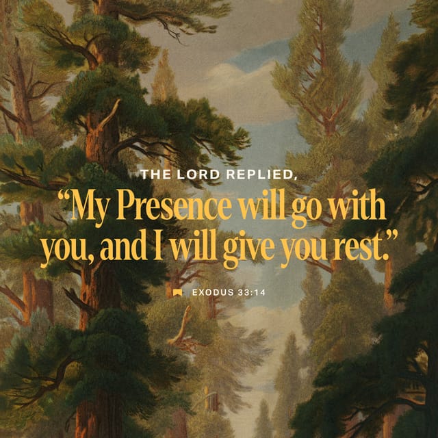Artistic depiction of a serene forest with the text of Exodus 33:14 overlayed, conveying peace and — Exodus 33:14 Meaning