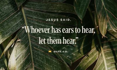 Text from Mark 4:9 on a background of green palm leaves, emphasizing the message of listening. — Mark 4:9 Meaning