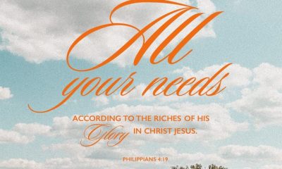 Inspirational graphic featuring Philippians 4:19 text against a blue sky and trees, conveying h — Philippians 4 19 meaning