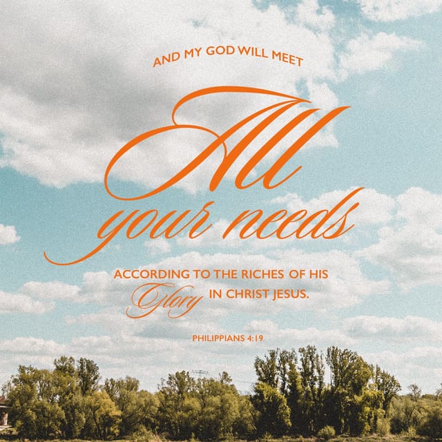 Inspirational graphic featuring Philippians 4:19 text against a blue sky and trees, conveying h — Philippians 4 19 meaning
