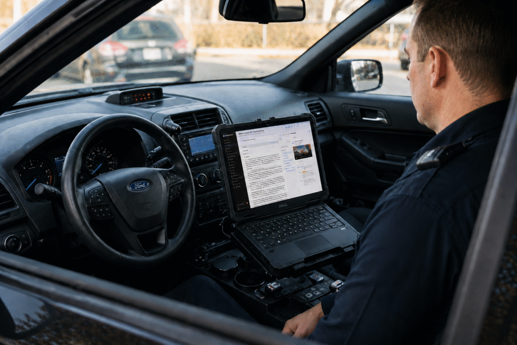 Police officer using laptop inside patrol car — AI in policing Pensacola