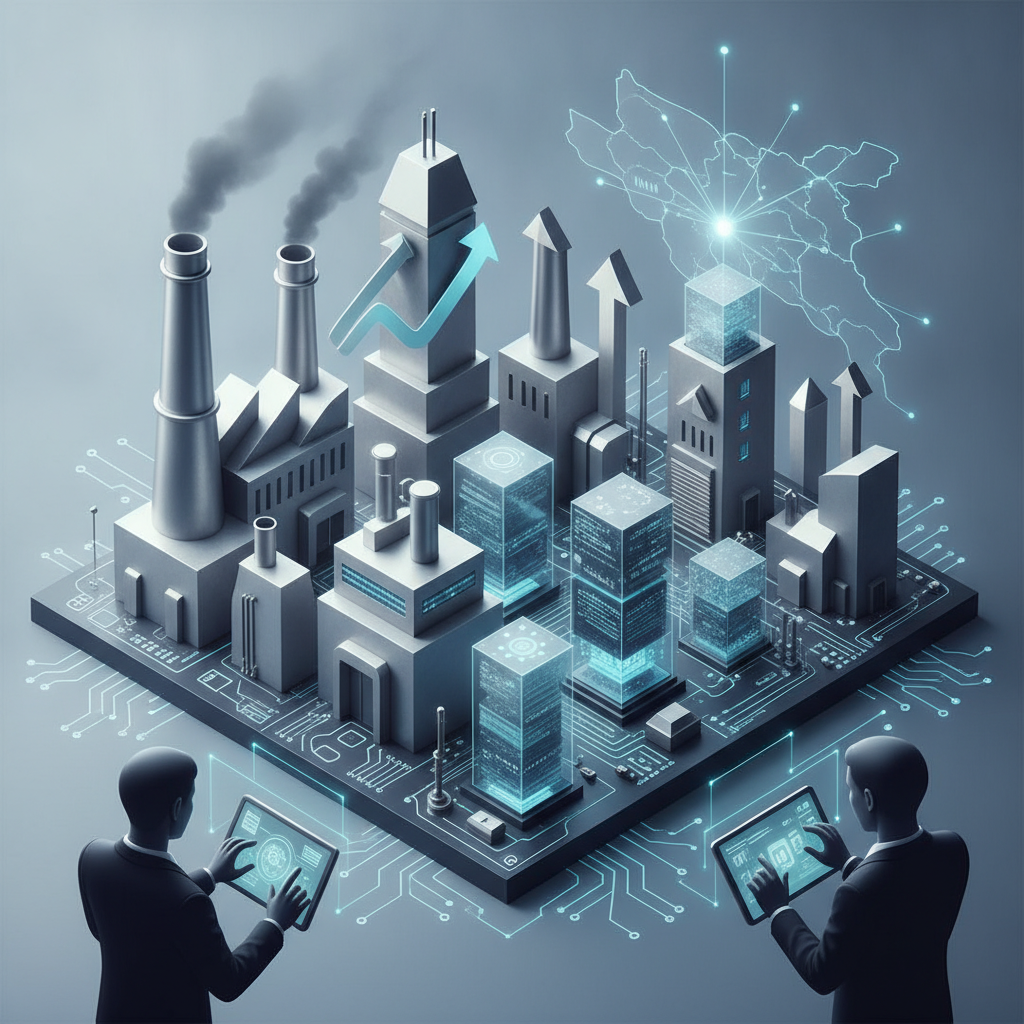 A digital illustration depicting industrial growth with factori — 504 Modernization and Small Manufacturer Enhancement Act