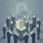 Illustration of faceless figures in suits surrounding a pedestal with a model of th — 9/11 Legacy Preservation Act of 2026