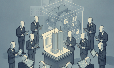 Illustration of faceless figures in suits surrounding a pedestal with a model of th — 9/11 Legacy Preservation Act of 2026
