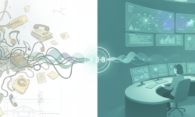 Illustration contrasting chaotic call center equipment with a modern, organized crisis — 9-8-8 Call Center Improvement Act
