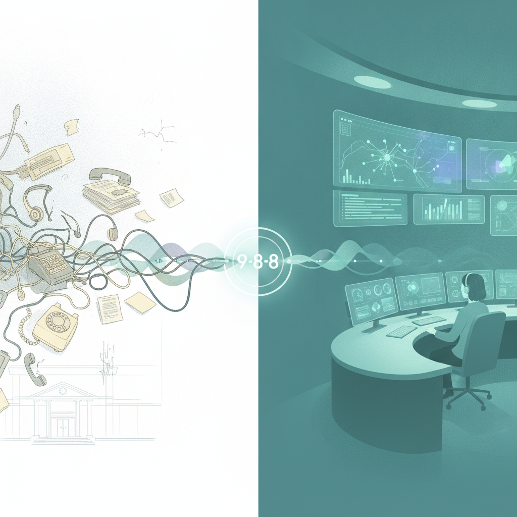 Illustration contrasting chaotic call center equipment with a modern, organized crisis — 9-8-8 Call Center Improvement Act