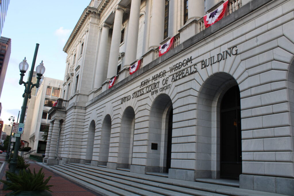 Exterior view of the United States Court of Appeals building in Louisiana, showcas — Louisiana telehealth abortion lawsuit