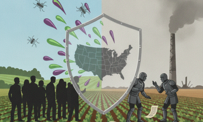 Illustration depicting a shield over a U.S. map, contrasting healthy crops with pe — Americans vs Poisonous Pesticides Act