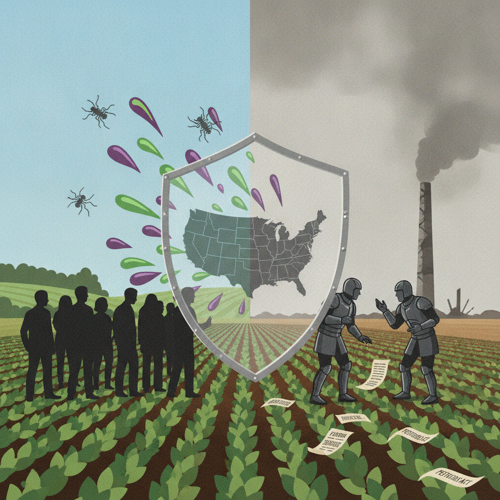 Illustration depicting a shield over a U.S. map, contrasting healthy crops with pe — Americans vs Poisonous Pesticides Act