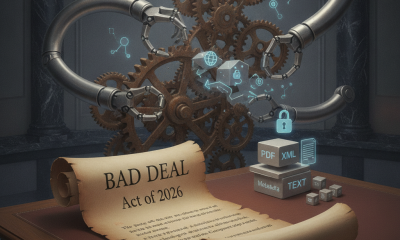 A steampunk-style illustration featuring gears and a scroll titled 'BAD DEAL Act of 2026' with digital icons representing…