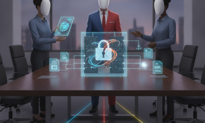 Three figures in a conference room discussing data center legislation, with digital grap — No Secrets for Data Centers Act