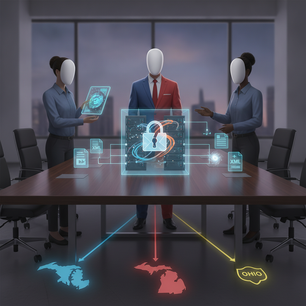 Three figures in a conference room discussing data center legislation, with digital grap — No Secrets for Data Centers Act