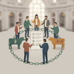 A diverse group of people discussing the Banning External Entry of Foreign Beef Act, surrounded by cattle illustrations.