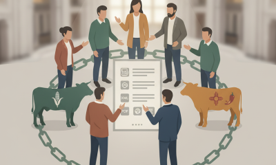 A diverse group of people discussing the Banning External Entry of Foreign Beef Act, surrounded by cattle illustrations.