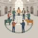 A diverse group of people discussing the Banning External Entry of Foreign Beef Act, surrounded by cattle illustrations.