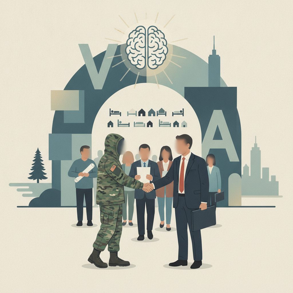 A soldier in camouflage shakes hands with a businessman, symbolizing — Veterans Emergency Treatment and Shelter Access Act