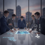 Business professionals collaborating over a digital table display, discussi — American Procurement Improvement Act of 2026